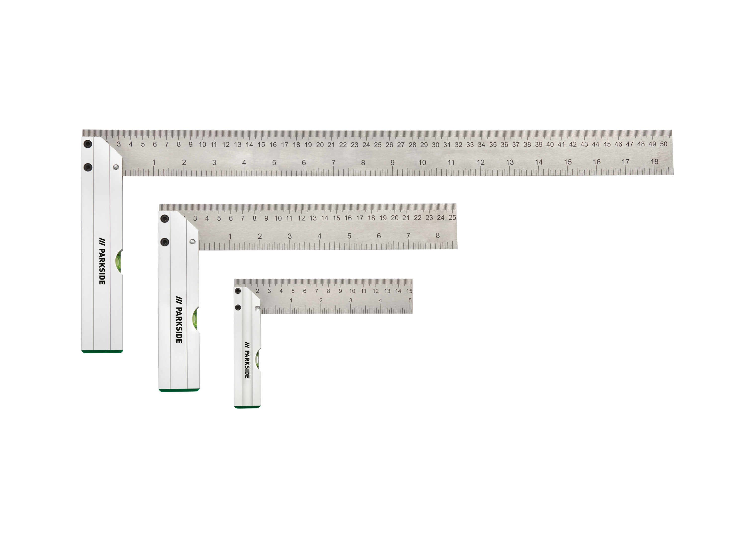 Parkside® Značkovací vodováha / Pomůcka na hmoždinky / Sada úhelníků / Pomůcka na řezání úhlů (sada úhelníků, 3dílná)