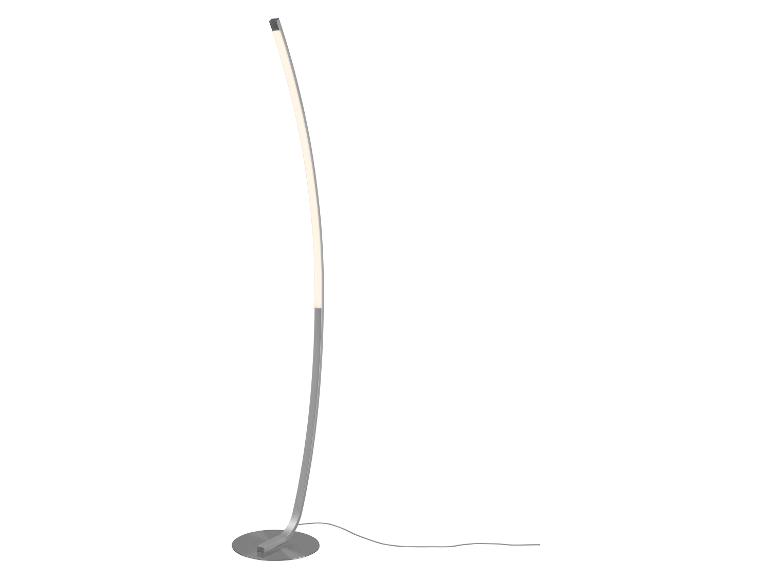 Moderní LED stojací lampa s kulatou základnou a zakřivenou stříbrnou kovovou tyčí.