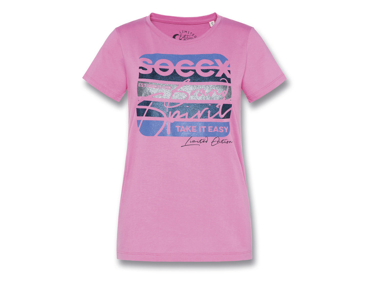 Růžové tričko s nápisem 'Soccx Spirit, Take It Easy, Limited Edition'.