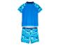 Dětské plavky: modrá krátká košile a šortky s oceánským potiskem.