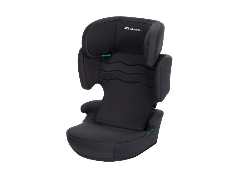 Černá dětská autosedačka se zelenými akcenty.