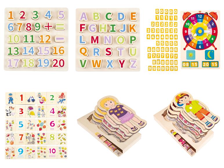 Dřevěné vzdělávací hry: puzzle s písmeny, číslicemi, anatomií a hodinami.