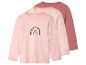 Tři dětské dlouhé rukávy v růžových odstínech s motivem duhy a srdíček.