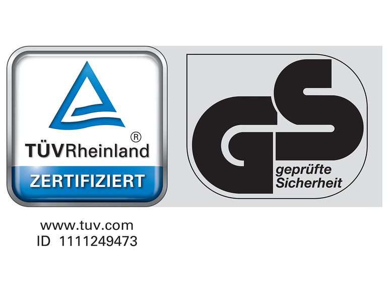 TÜV Rheinland a značka GS pro ověřenou bezpečnost.