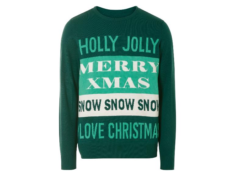 Zelený vánoční svetr s nápisem 'Holly Jolly Merry Xmas'.
