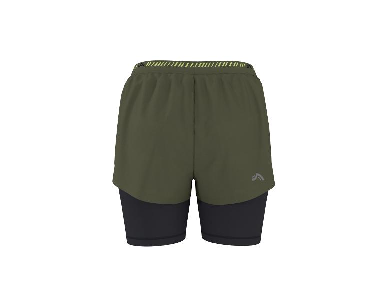 Pánské sportovní šortky 2v1 v khaki barvě s černými legínami a neonovým pasem.