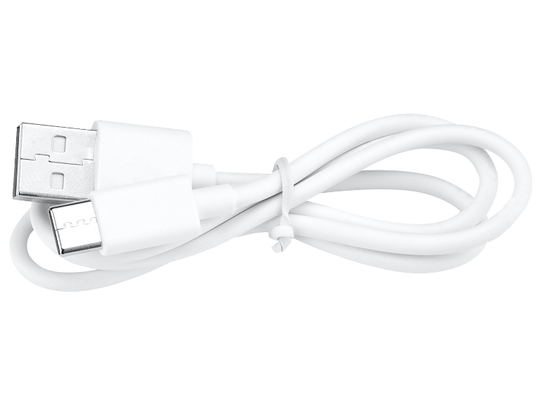 Bílý kabel USB-C na USB, srolovaný a svázaný gumičkou.