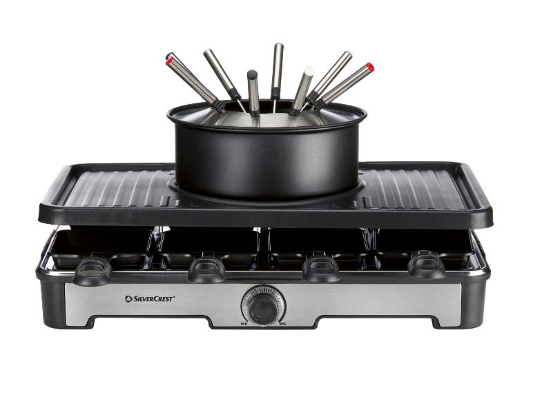 Raclette a fondue gril SilverCrest s jednotlivými špízy a pánvemi.