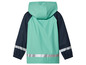 Mint zelená nepromokavá bunda s modrými rukávy a reflexními pruhy.