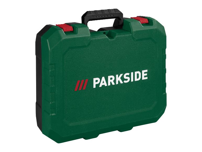 Zelený box na nářadí s černými rukojeťmi a červenými sponami, s textem „PARKSIDE“