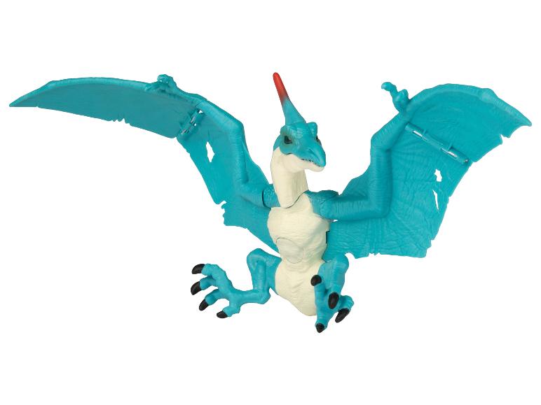 Modrá plastová hračka Pterodactyl s roztaženými křídly.