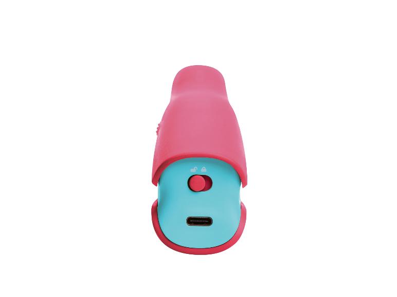 Růžové a tyrkysové zařízení s tlačítkem a USB-C portem.
