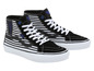 Černobílé pruhované Vans Sk8-Hi tenisky s modrými detaily.