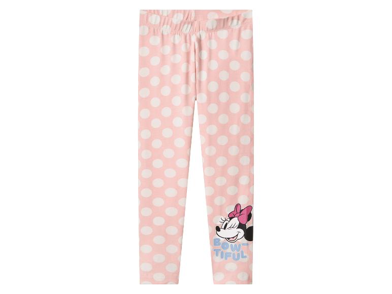 Růžové puntíkované legíny Minnie Mouse s textem „BOW-TIFUL“.