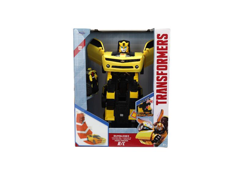 Žlutá hračka Transformers Bumblebee v krabici, s funkcí rádiového ovládání.