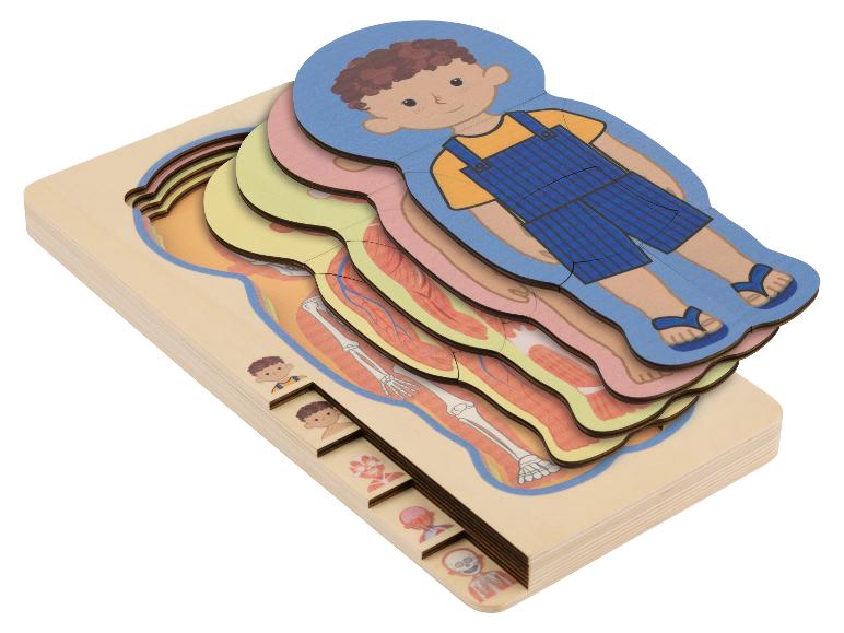 Dřevěné vrstvené puzzle lidského těla pro děti, s oblečeným chlapcem na horní vrstvě.