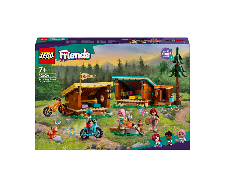 LEGO Friends sada se dvěma dřevěnými chatkami, koly a mini panenkami.