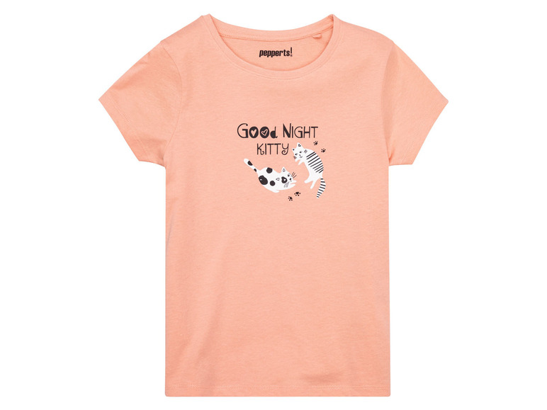 Růžové tričko s potiskem „Good Night Kitty“ a dvěma kočkami.