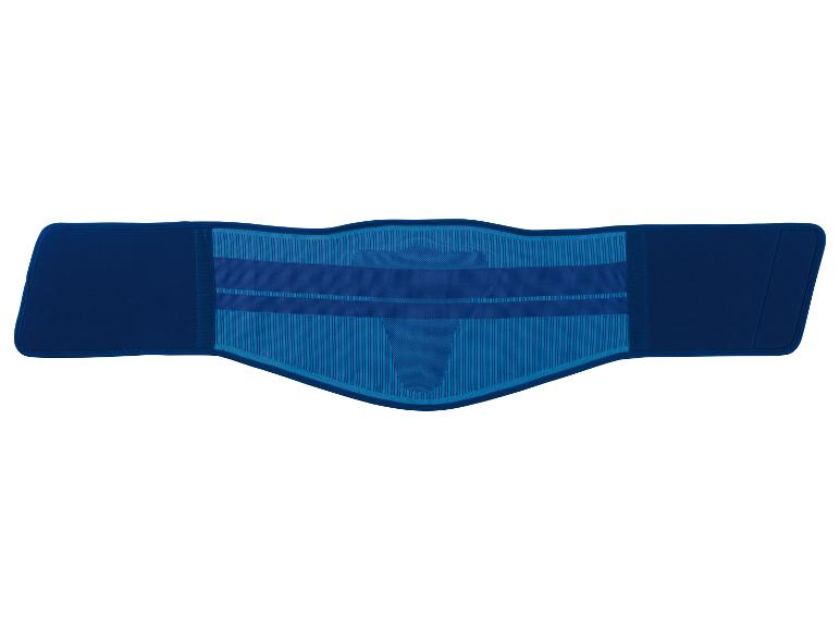 Modrý zádový podpůrný pás s texturovaným designem.