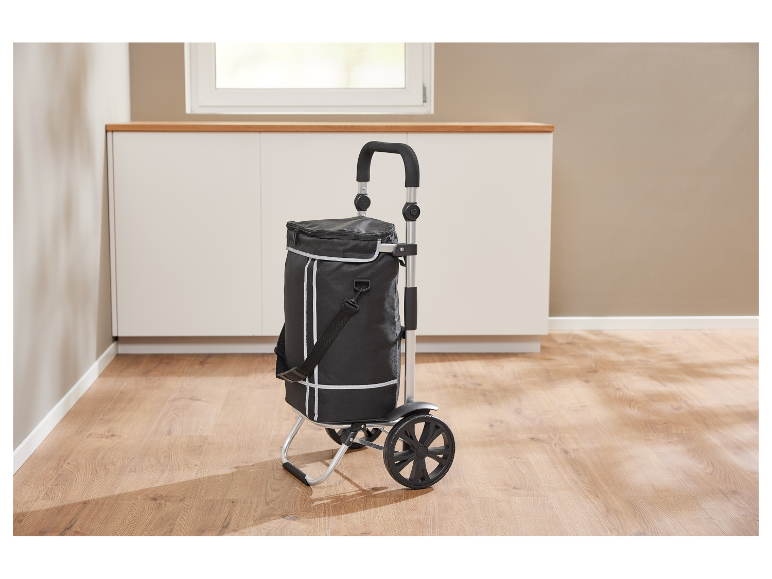 Černý skládací nákupní vozík s chladicí funkcí stojí na dřevěné podlaze.