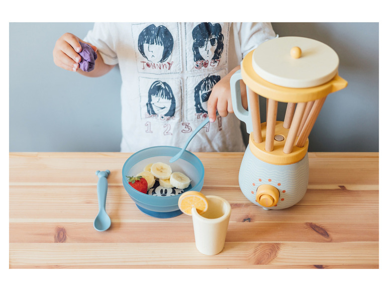 Dřevěný hračkový mixér, modrá miska s potiskem Mickey Mouse a lžíce