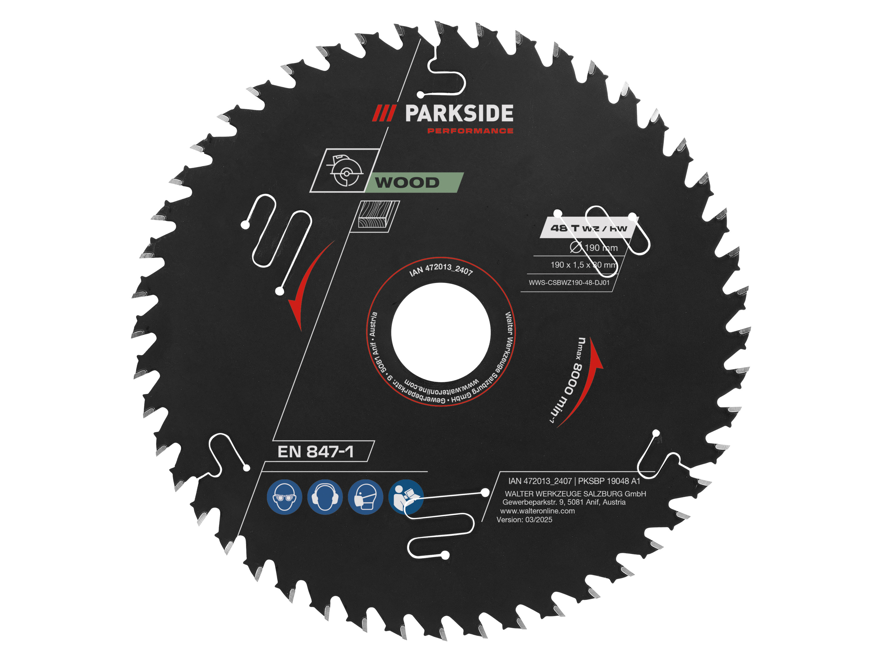 Parkside Performance® Pilový kotouč pro ruční okružní pilu, 190 mm (190 mm dřevo 48 zubů)