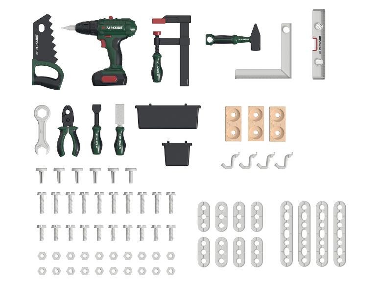 Sada hraček nářadí Parkside, včetně vrtačky, pily, svorky, kladiva a příslušenství.