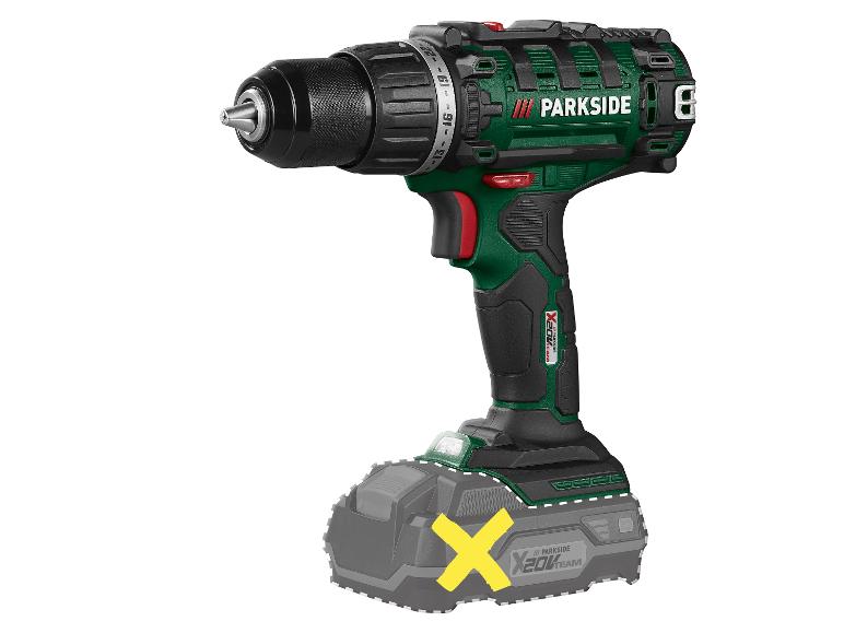 Akumulátorová vrtačka Parkside X 20V Team s černým sklíčidlem a zeleným tělem.