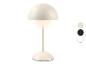 Bílá stolní lampa se třemi barevnými variantami: béžová, černá a bílá.