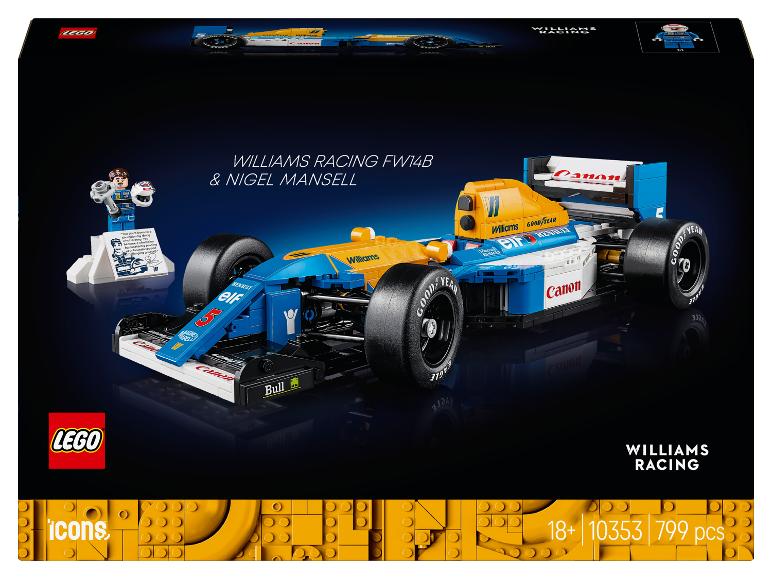 Závodní auto LEGO Icons Williams Racing FW14B a minifigurka Nigela Mansella.