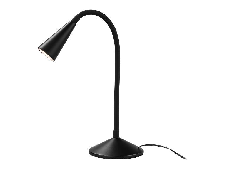 Černá flexibilní stolní lampa s kuželovitým stínítkem.