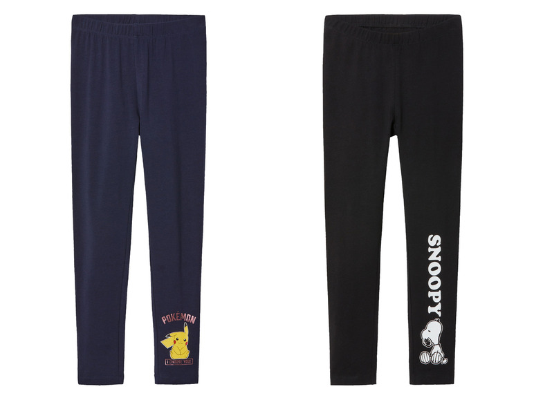 Dvě legíny, jedna s potiskem Pikachu a Pokémon, druhá se Snoopym.