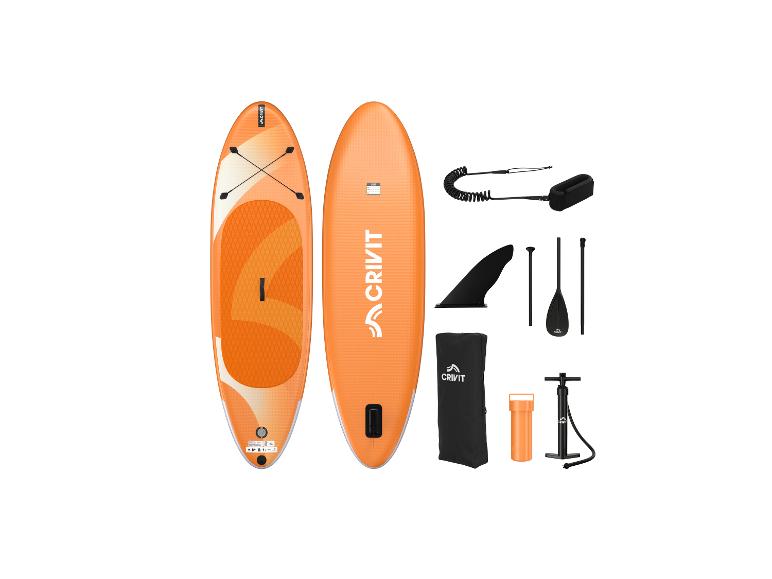 Oranžový nafukovací paddleboard set s pumpou, pádlem, ploutví a příslušenstvím.