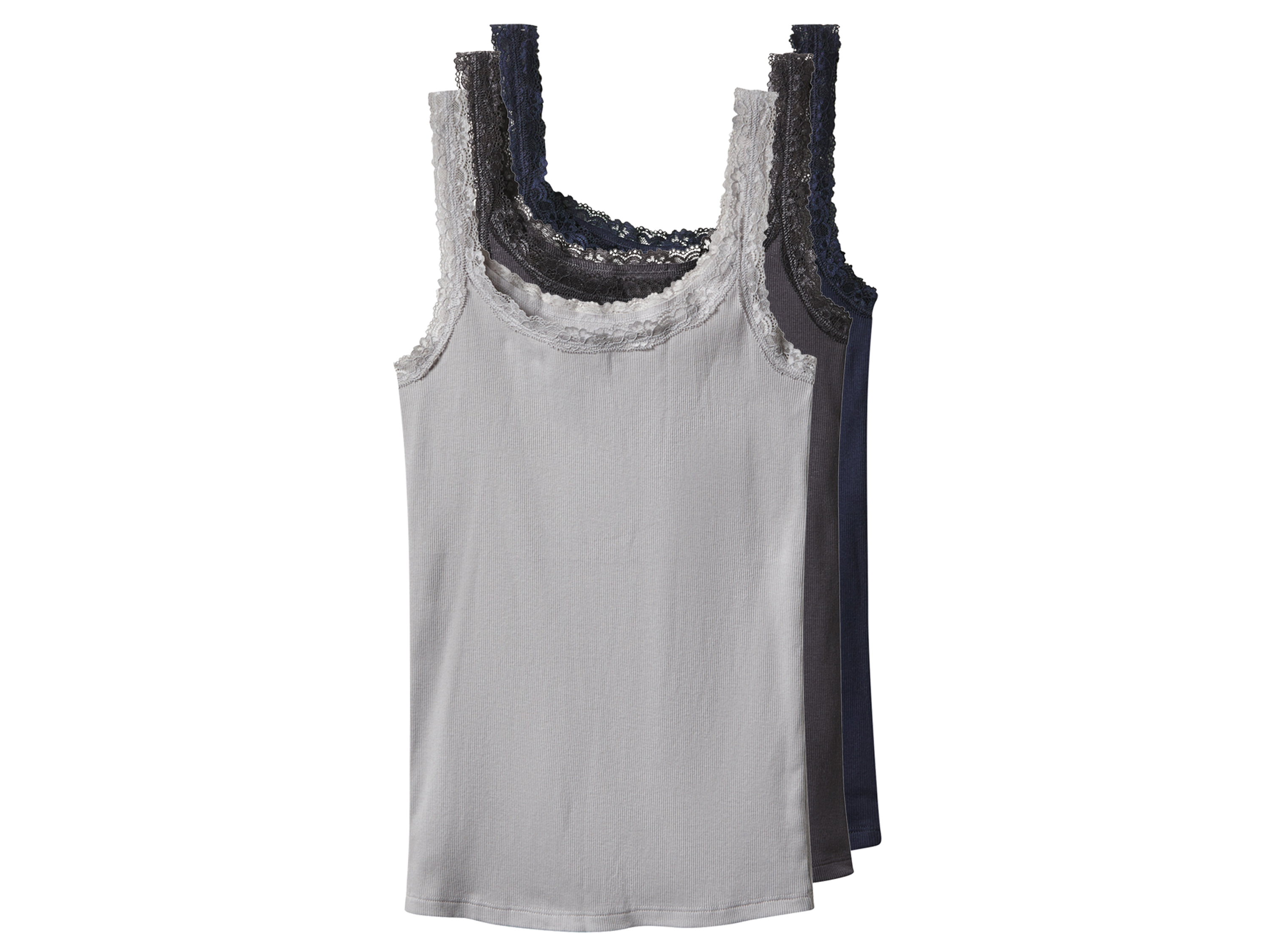esmara® Dámský vroubkovaný top s krajkou, 3 kusy (navy modrá / tmavě šedá / světle šedá, M (40/42))