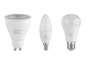 Tři LED žárovky Livarno home: GU10, E14 svíčka a E27.
