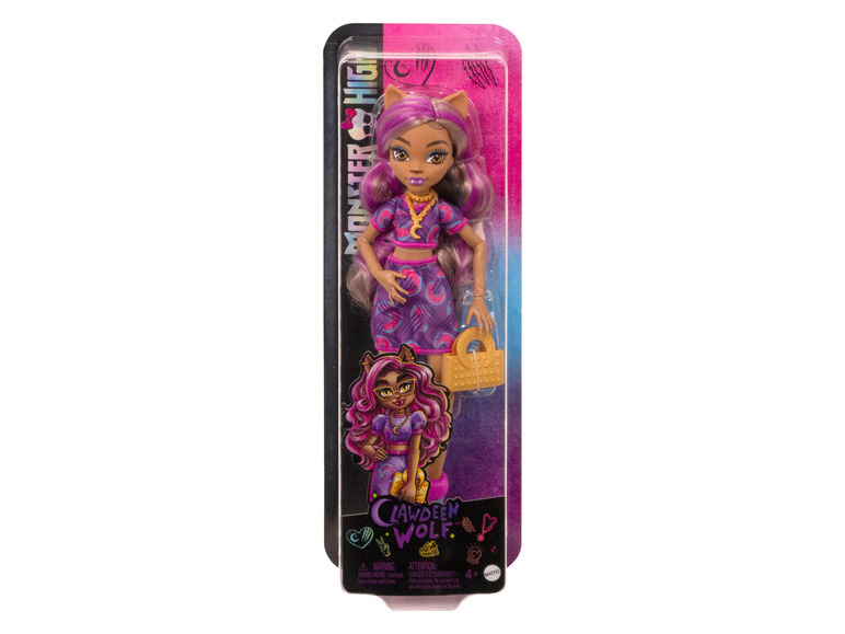 Panenka Monster High Clawdeen Wolf ve fialovém oblečení.