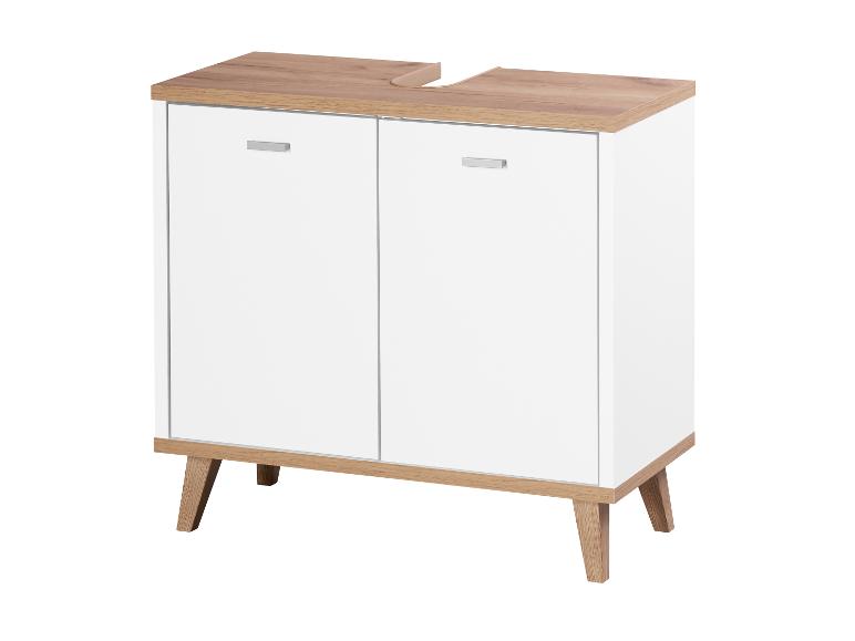 Bílá skříňka do koupelny se dvěma dvířky a dřevěnou deskou.