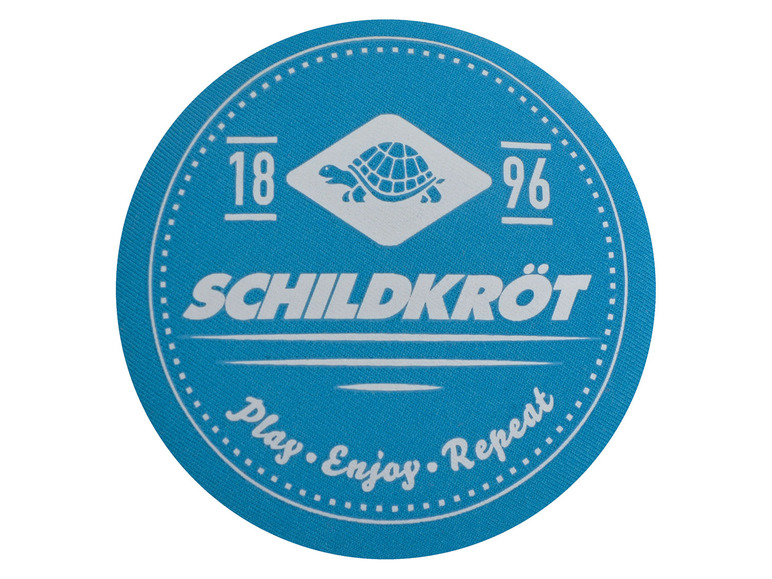 Modrý kulatý samolepka s logem želvy a textem 'Schildkröt Play - Enjoy - Repeat'.
