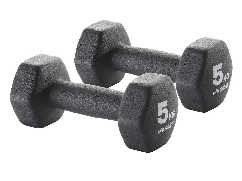 Dvě 5kilové činky Crivit na cvičení.