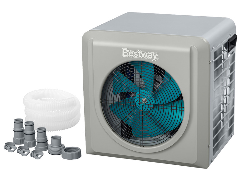 Ohřívač bazénové vody Bestway s ventilátorem, hadicí a spojkami.