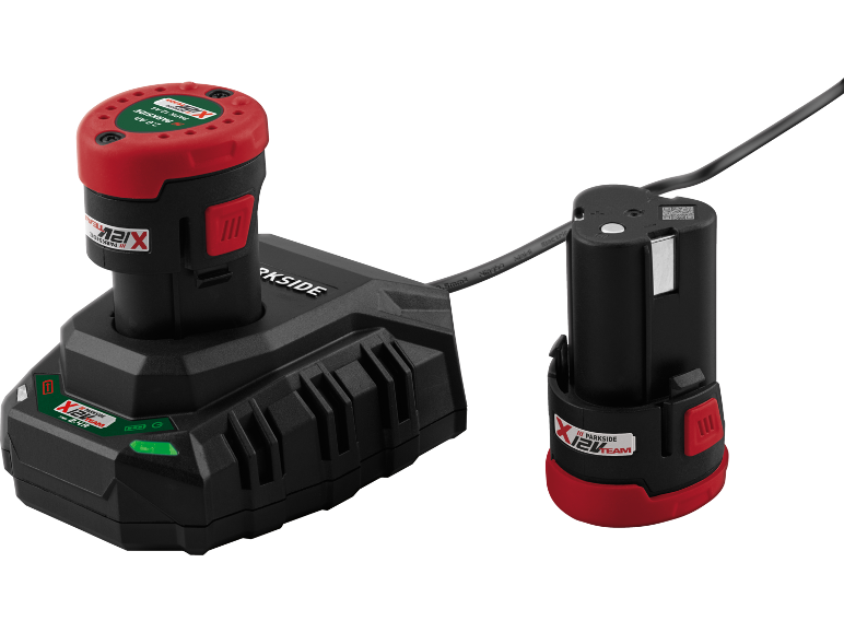 Nabíječka baterií a dvě 12V baterie pro elektrické nářadí, jedna se nabíjí.