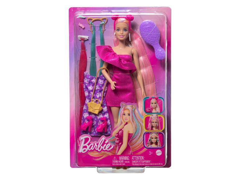 Panenka Barbie s módními a vlasovými doplňky, včetně kartáče a dodatečného oblečení.