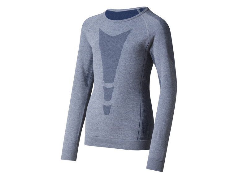 Šedé tričko s dlouhým rukávem, vhodné pro sport.