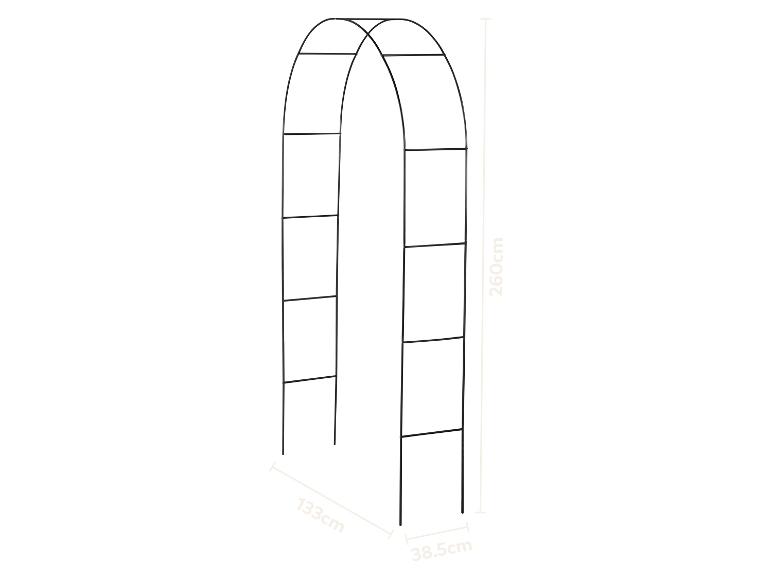 Černý kovový zahradní oblouk s rozměry 260 cm (výška), 133 cm (šířka) a 38,5 cm (hloubka).