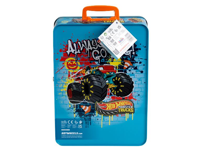 Modrý kovový obědový box Hot Wheels Monster Trucks s oranžovým držadlem.