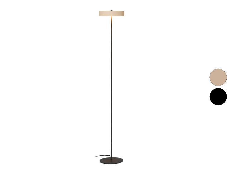 Moderní stojací lampa s černým podstavcem a béžovým kruhovým stínidlem, s barevnými možnostmi.