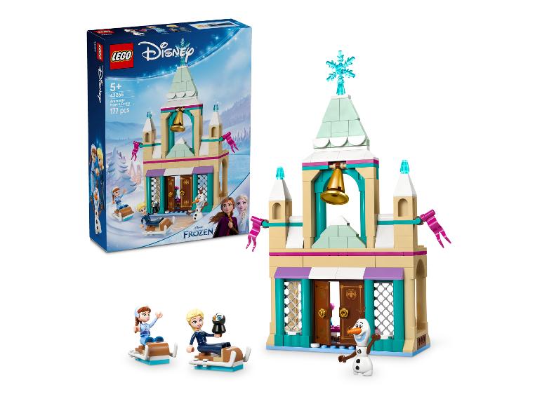 Sada LEGO Disney Frozen Arendelle Frozen Castle s krabicí a figurkami.