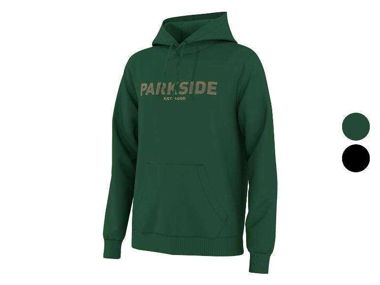 Zelená mikina s kapucí s nápisem „PARKSIDE EST. 1996“ a dvěma vzorky barev.