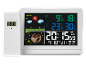 Digitální meteostanice s venkovním senzorem zobrazující teplotu, vlhkost, předpověď, fázi měsíce a čas.
