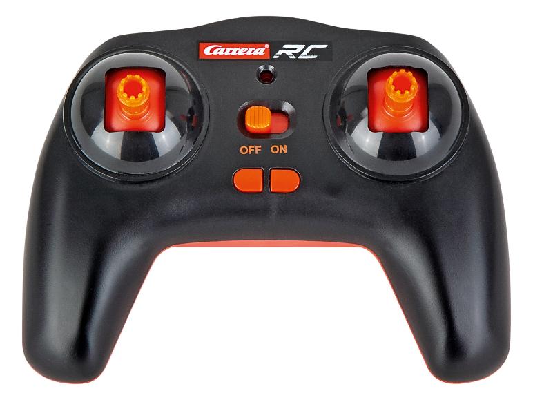 Černý dálkový ovladač Carrera RC s oranžovými tlačítky a joysticky.